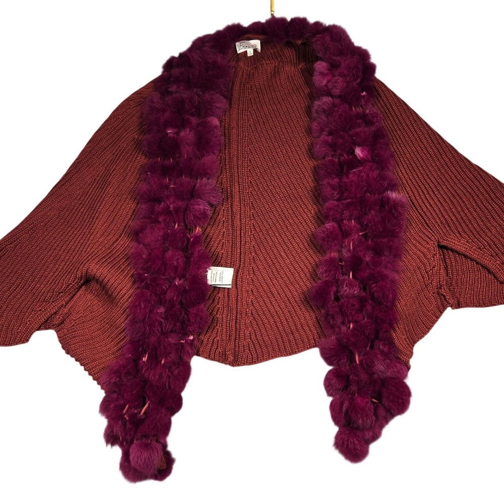 Emma G Burgundy Wool Blend Rib Knit Cardigan Dyed Rabbit Fur Trim Women Medium